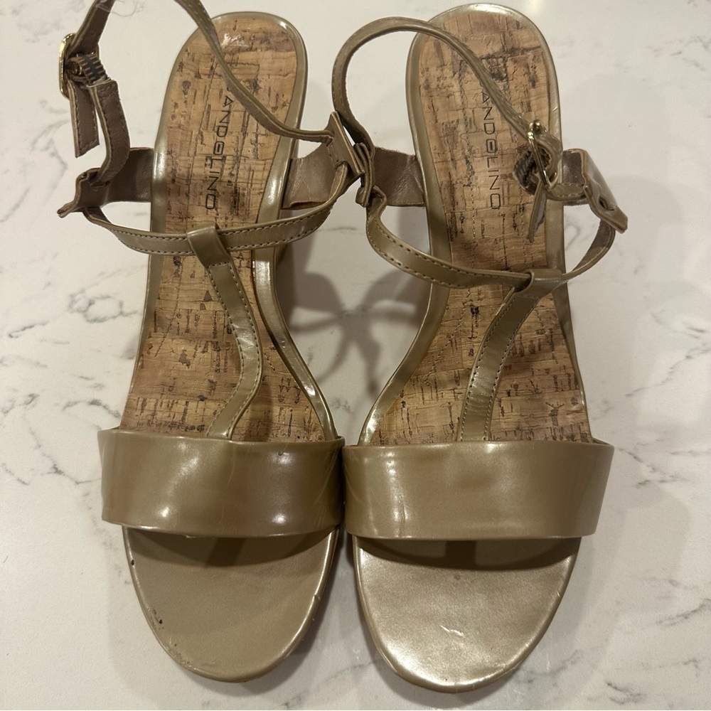 BANDOLINO - champagne colored wedge heel sandal with adjustable back strap